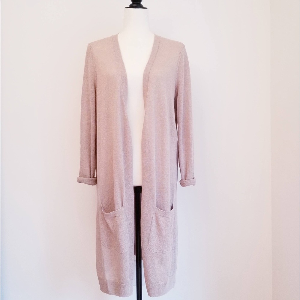 HALOGEN Long Linen Blend Cardigan, Beige, L